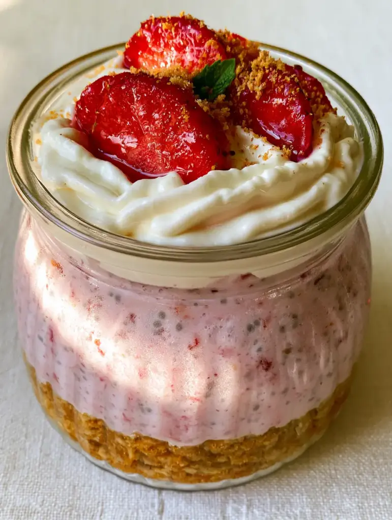 Strawberry Cheesecake Overnight Oats: The Ultimate Creamy Meal Prep 2 Close-up of pastel pink Strawberry Cheesecake Overnight Oats showing the chia seed texture and ribbed glass condensation.
