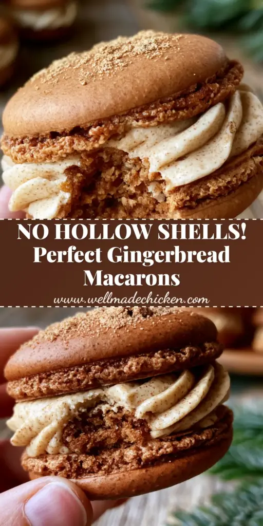 Gingerbread Macarons with Spiced Buttercream and Ginger Dusting 3 A close-up shot of a single cinnamon-brown gingerbread macaron with a bite taken out, showing the dense chewy interior and beige spiced buttercream.
