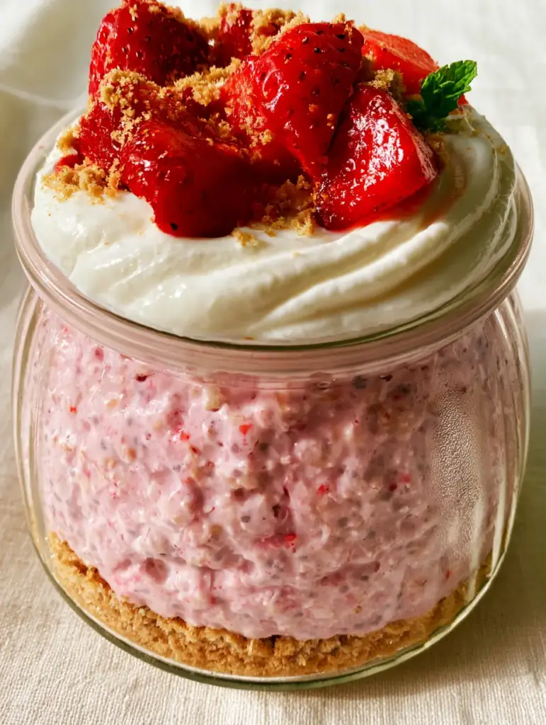 Strawberry Cheesecake Overnight Oats: The Ultimate Creamy Meal Prep 1 High-gloss sliced strawberries and white cream cheese-style yogurt topping on Strawberry Cheesecake Overnight Oats.