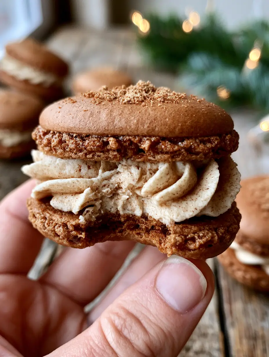 Gingerbread Macarons with Spiced Buttercream and Ginger Dusting 4 Macro view of gingerbread macarons showing the ruffled feet and smooth matte shell finish. (gingerbread macarons)