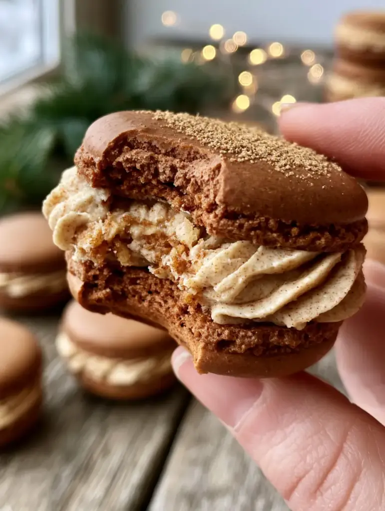 Gingerbread Macarons with Spiced Buttercream and Ginger Dusting 1 A tray of gingerbread macarons dusted with ginger powder in a cozy holiday setting.