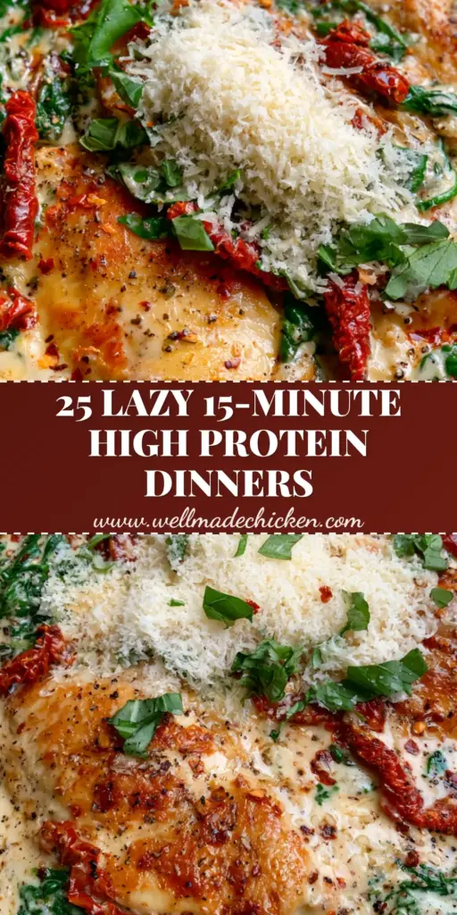 High Protein Dinners: The Ultimate Creamy Tuscan Garlic Chicken 4 Overhead close-up of sizzling Creamy Tuscan Garlic Chicken in a cast iron skillet, featuring golden chicken and sun-dried tomatoes. (high protein dinners)