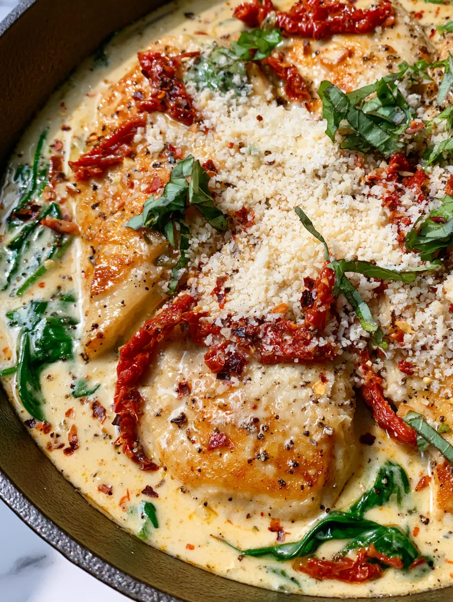 High Protein Dinners: The Ultimate Creamy Tuscan Garlic Chicken 3 Close-up of seared chicken breast slices in a thick white garlic cream sauce with wilted spinach. (high protein dinners)