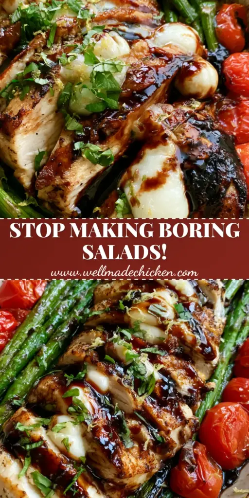 High Protein Spring Dinners: Balsamic Glazed Chicken with Mozzarella and Charred Asparagus 4 A rustic cast iron skillet featuring sliced golden chicken breast with glossy balsamic glaze, white mozzarella pearls, and charred asparagus. (high protein spring dinners)