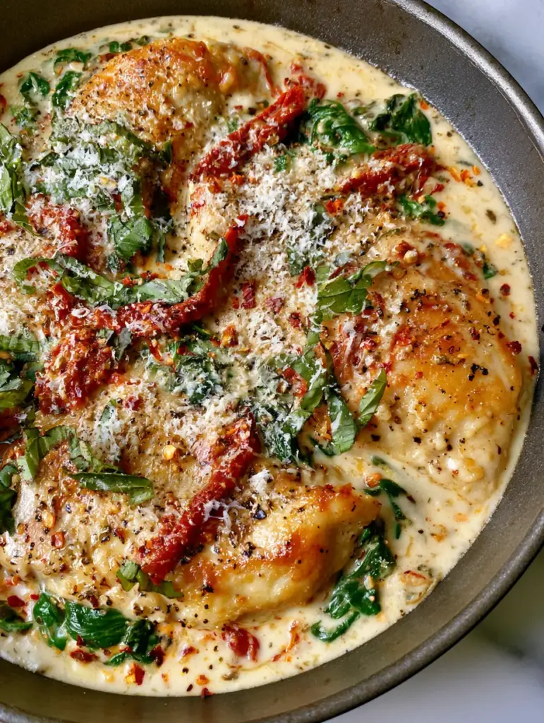 High Protein Dinners: The Ultimate Creamy Tuscan Garlic Chicken 1 A rustic cast iron skillet filled with Tuscan chicken, garnished with torn basil and red pepper flakes.