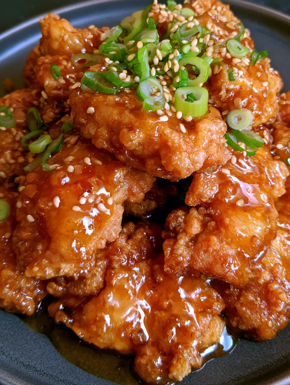 Crispy Chinese Honey Chicken: The Secret to Shatter-Crisp Glazed Perfection 3 Extreme macro top-down view of crispy chinese honey chicken with reflective amber sauce and vibrant green scallions.