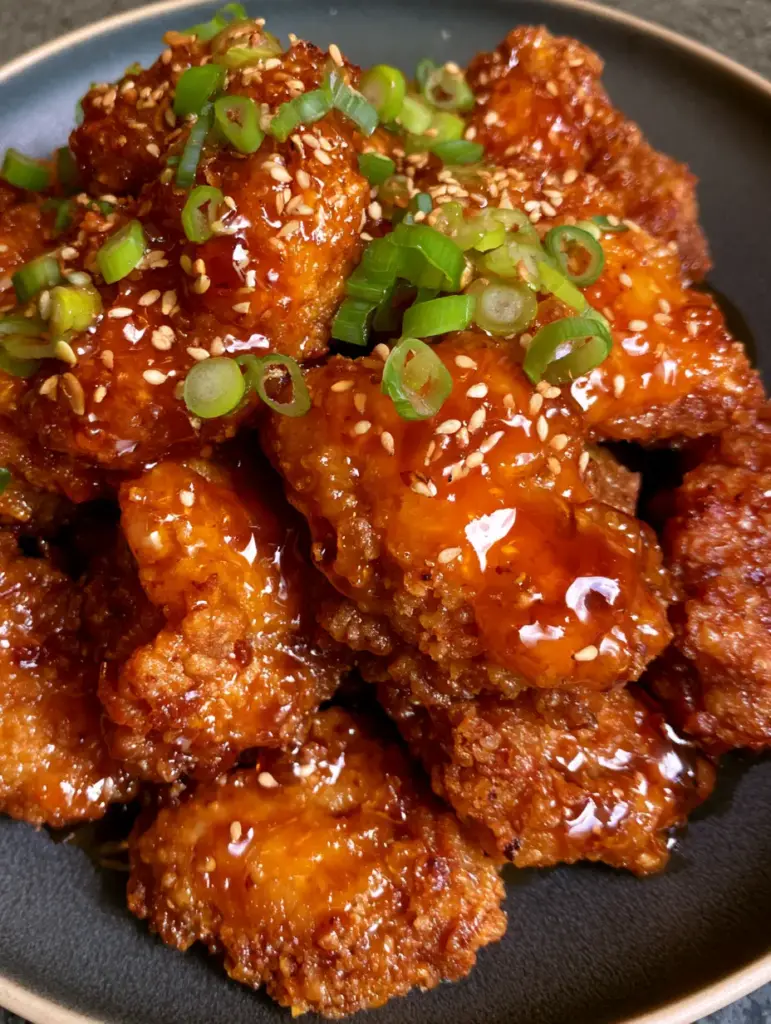 Crispy Chinese Honey Chicken: The Secret to Shatter-Crisp Glazed Perfection 1 A mound of crispy chinese honey chicken on a matte black plate with steam vapors rising and toasted sesame seeds.