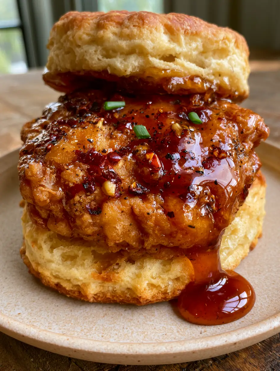 Hot Honey Chicken Biscuits: The Ultimate Crispy Air-Fried Masterpiece 3 Extreme close-up of a craggy air-fried chicken thigh drenched in dark amber honey on a flaky biscuit. (Hot Honey Chicken Biscuits)