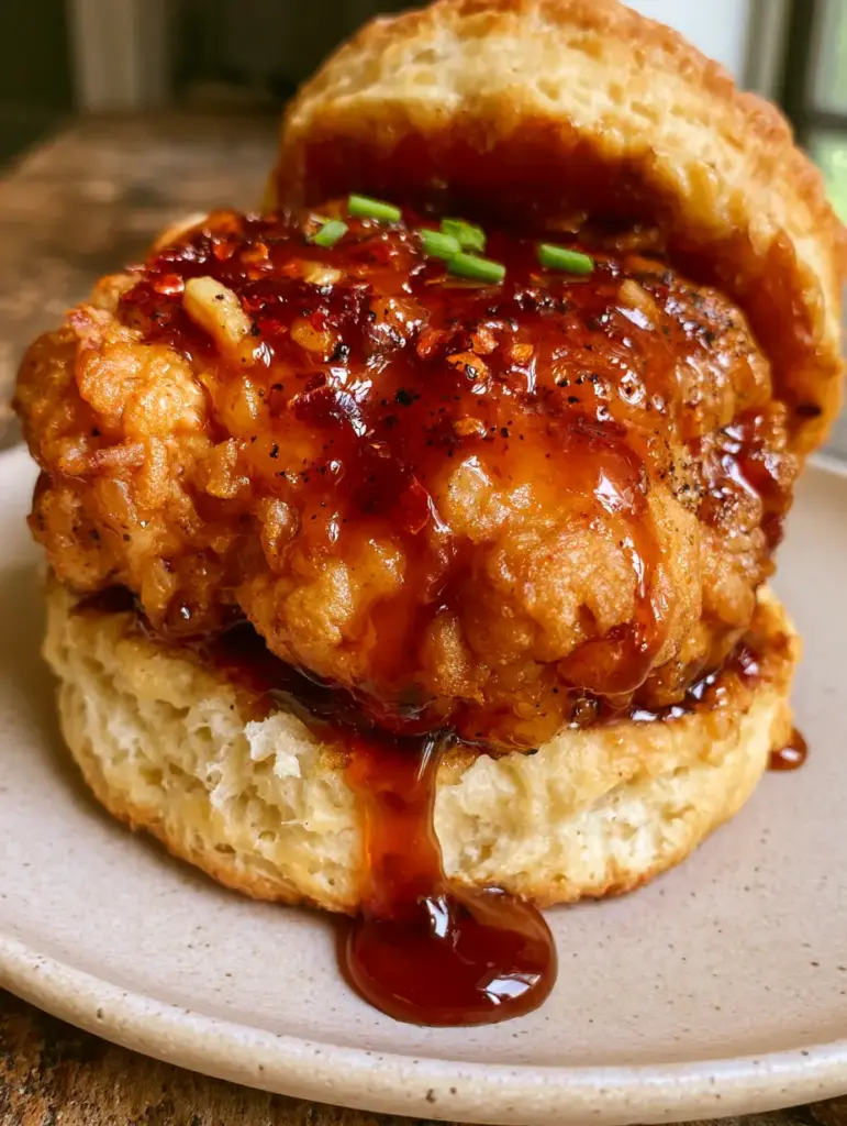 Hot Honey Chicken Biscuits: The Ultimate Crispy Air-Fried Masterpiece 1 Split golden buttermilk biscuit showing internal flaky layers and steam. (Hot Honey Chicken Biscuits)