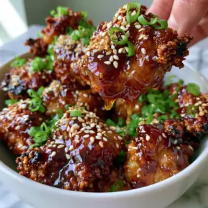 Top-down view of glistening Honey Glazed Chicken Bites with dark amber glaze and green scallions.