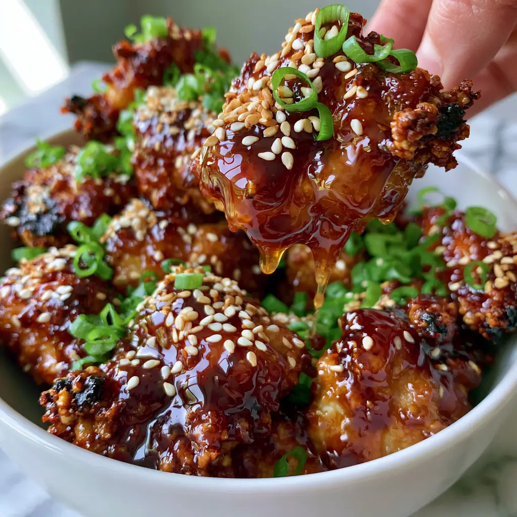 Honey Glazed Chicken Bites: The Ultimate Crispy Air Fryer Recipe 2 Top-down view of glistening Honey Glazed Chicken Bites with dark amber glaze and green scallions.