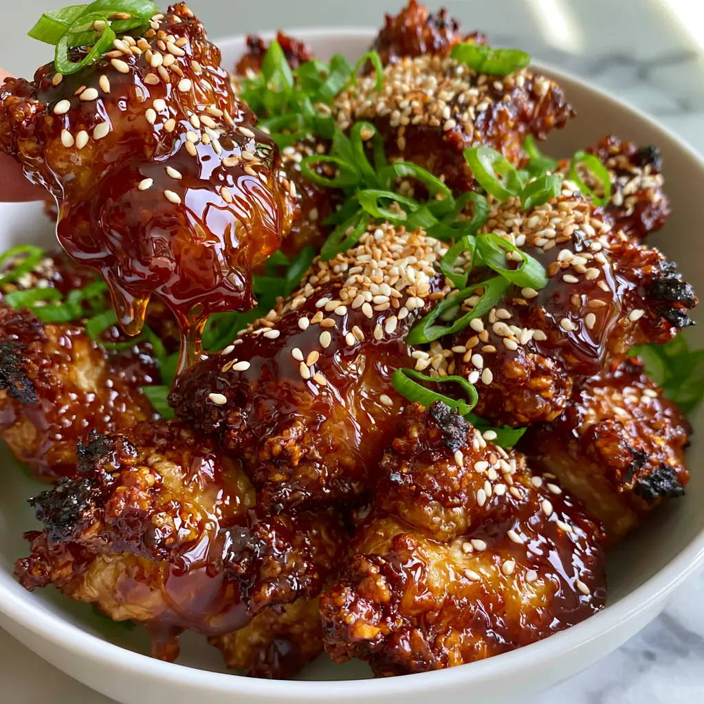 Honey Glazed Chicken Bites: The Ultimate Crispy Air Fryer Recipe 1 Close up of one Honey Glazed Chicken Bite being lifted with a sticky sauce pull.